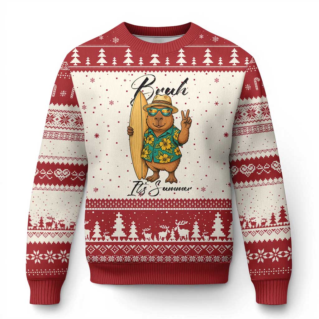 Bruh Its Summer Ugly Christmas Sweater Funny Capybara Surfer Beach Vacation Gift