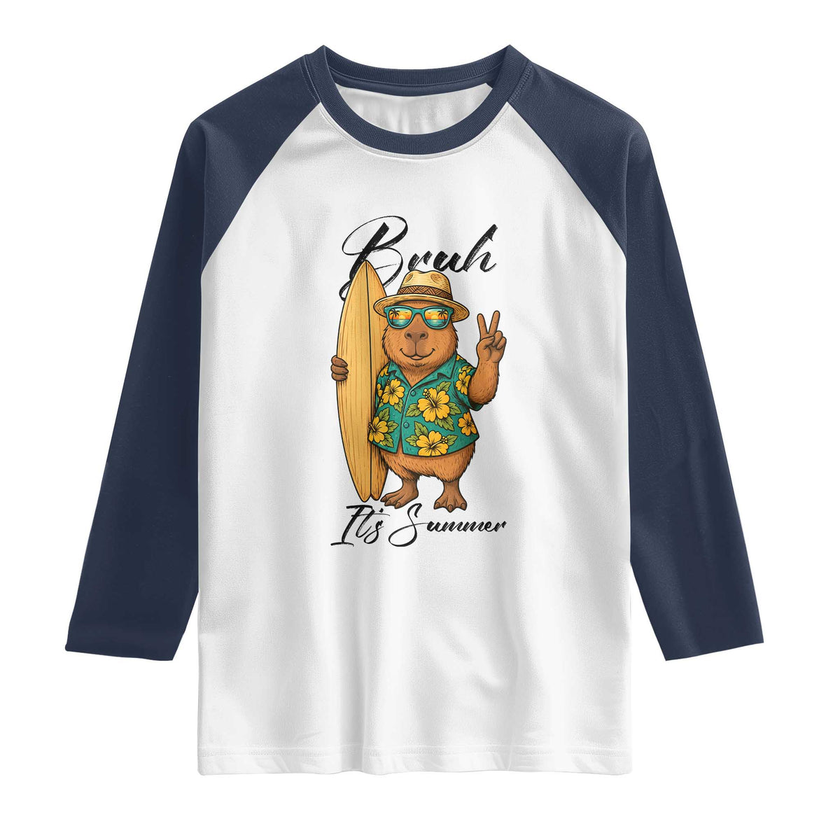 Bruh Its Summer Raglan Shirt Funny Capybara Surfer Beach Vacation Gift