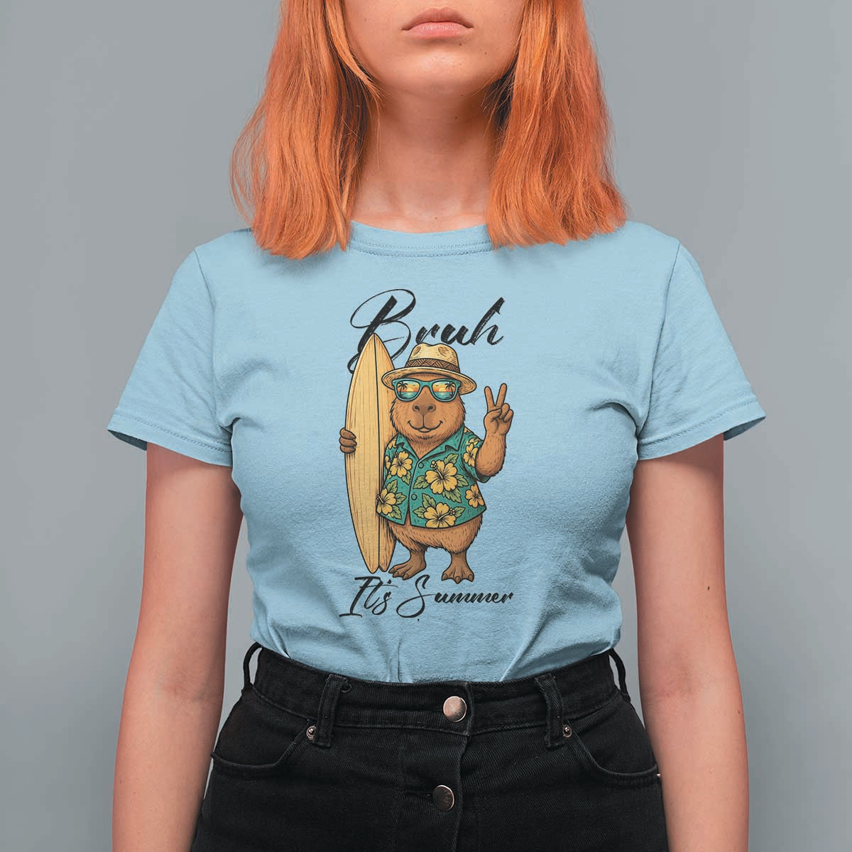 Bruh Its Summer T Shirt For Women Funny Capybara Surfer Beach Vacation Gift