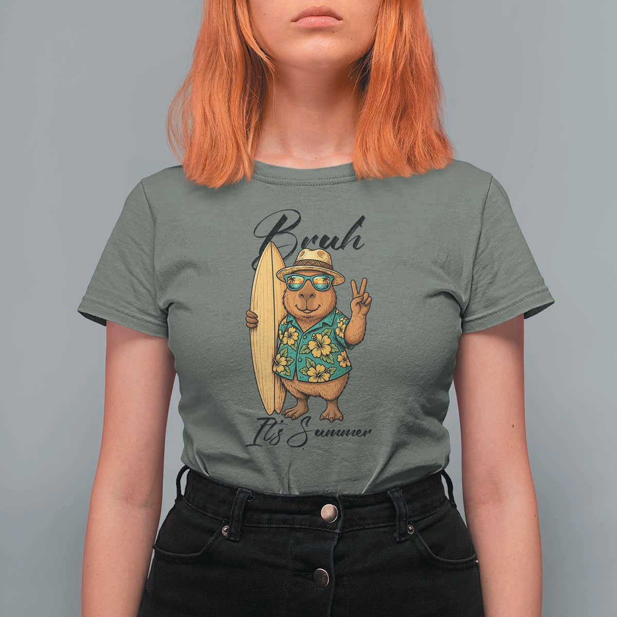 Bruh Its Summer T Shirt For Women Funny Capybara Surfer Beach Vacation Gift