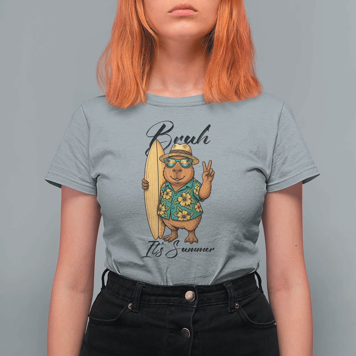 Bruh Its Summer T Shirt For Women Funny Capybara Surfer Beach Vacation Gift