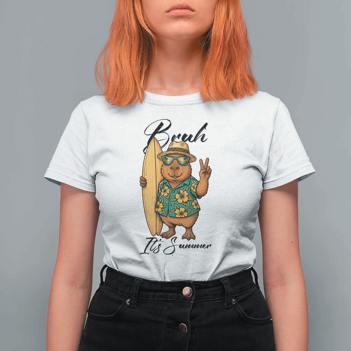 Bruh Its Summer T Shirt For Women Funny Capybara Surfer Beach Vacation Gift