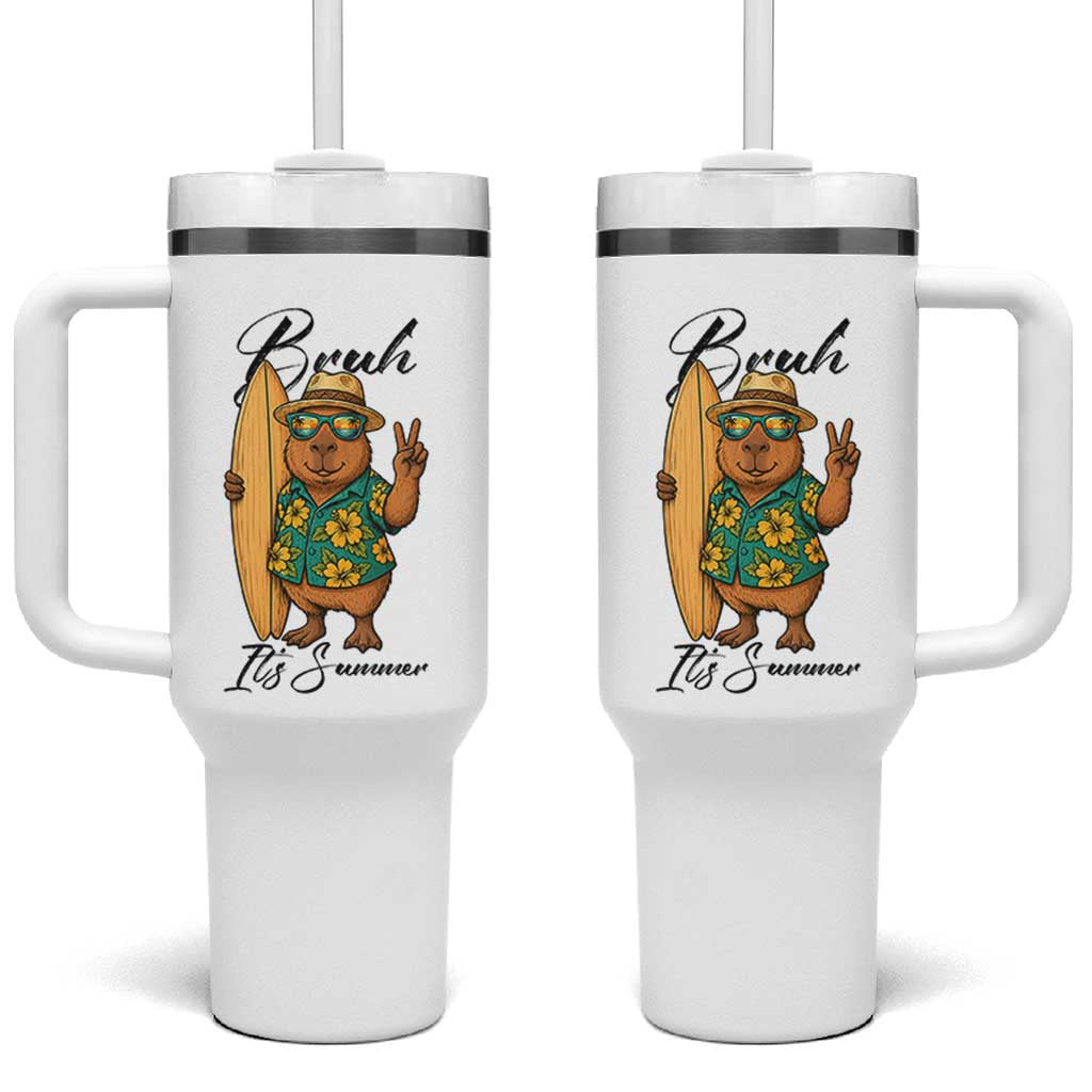 Bruh Its Summer Tumbler With Handle Funny Capybara Surfer Beach Vacation Gift