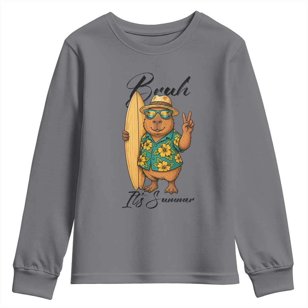 Bruh Its Summer Youth Sweatshirt Funny Capybara Surfer Beach Vacation Gift