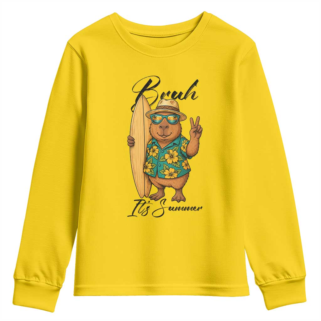 Bruh Its Summer Youth Sweatshirt Funny Capybara Surfer Beach Vacation Gift