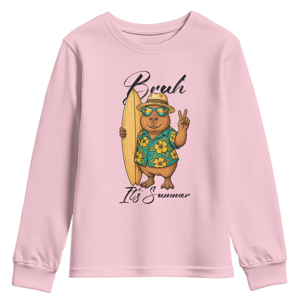 Bruh Its Summer Youth Sweatshirt Funny Capybara Surfer Beach Vacation Gift