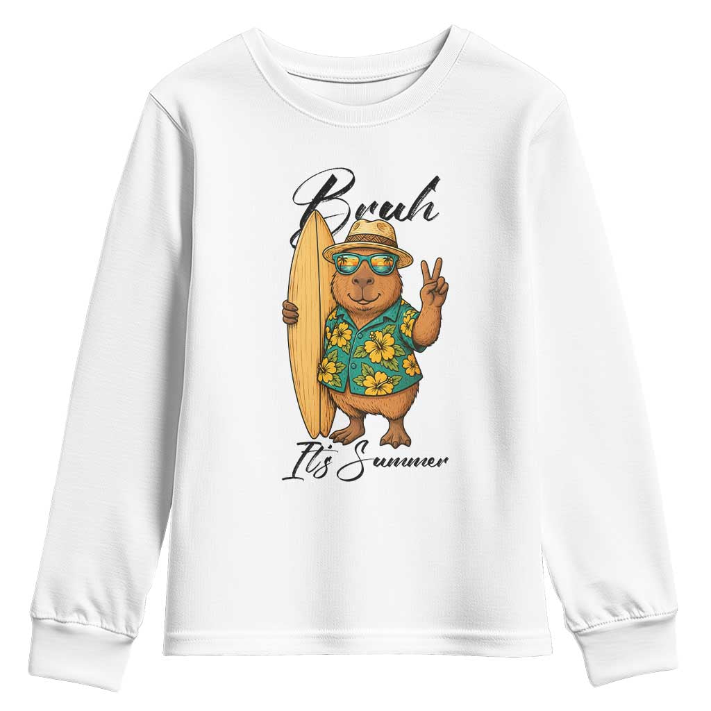 Bruh Its Summer Youth Sweatshirt Funny Capybara Surfer Beach Vacation Gift