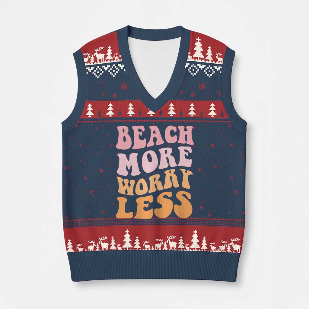 Beach More Worry Less V-Neck Knit Sweater Vest Boho Summer Vacation