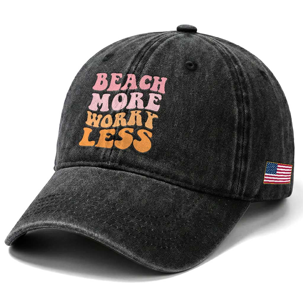 Beach More Worry Less Washed Cotton Baseball Cap Boho Summer Vacation