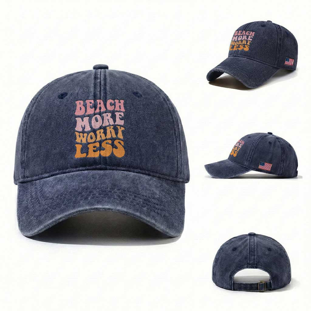 Beach More Worry Less Washed Cotton Baseball Cap Boho Summer Vacation