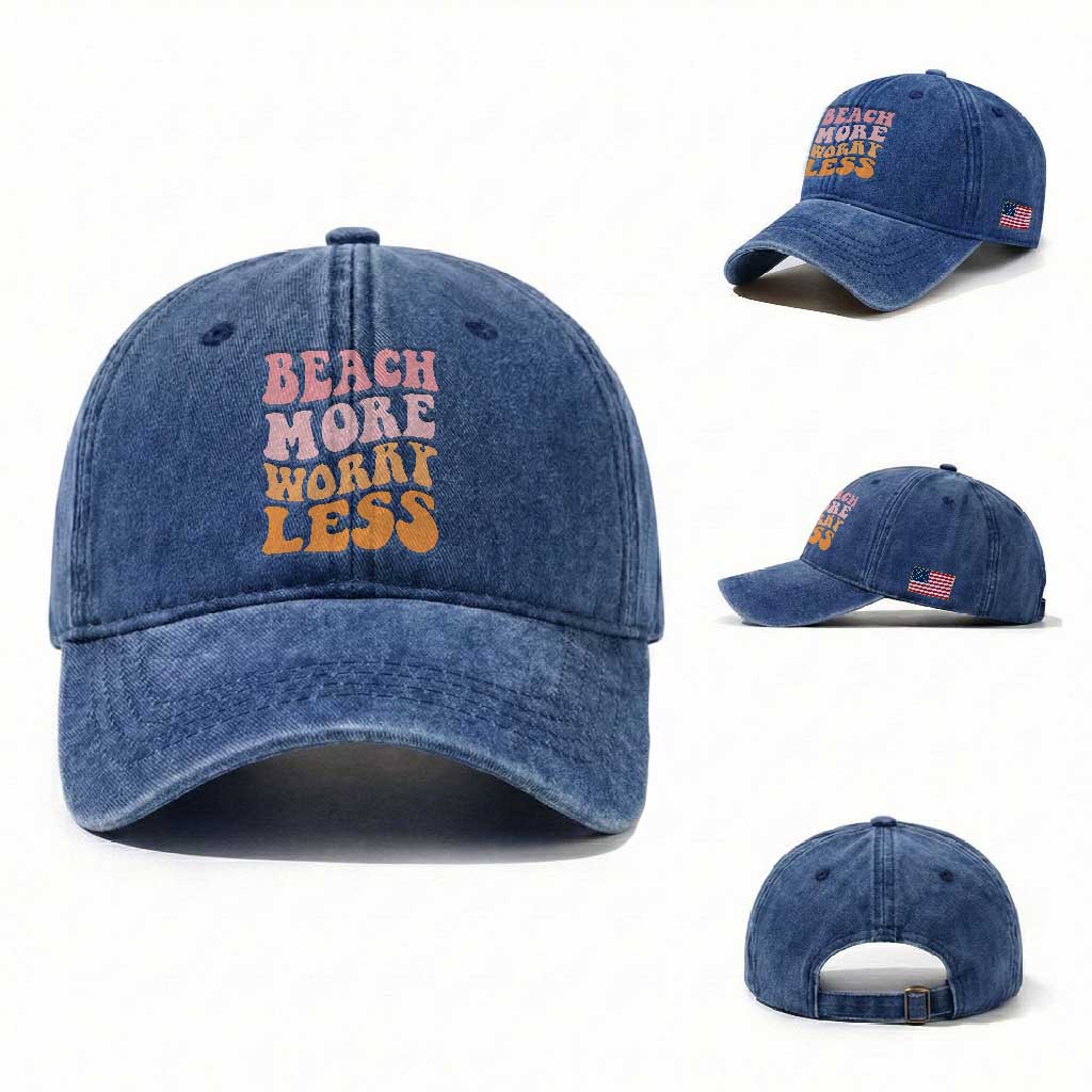 Beach More Worry Less Washed Cotton Baseball Cap Boho Summer Vacation