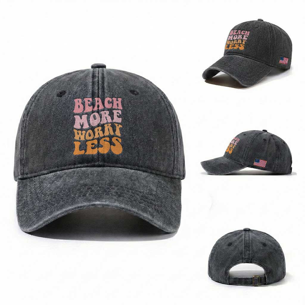Beach More Worry Less Washed Cotton Baseball Cap Boho Summer Vacation