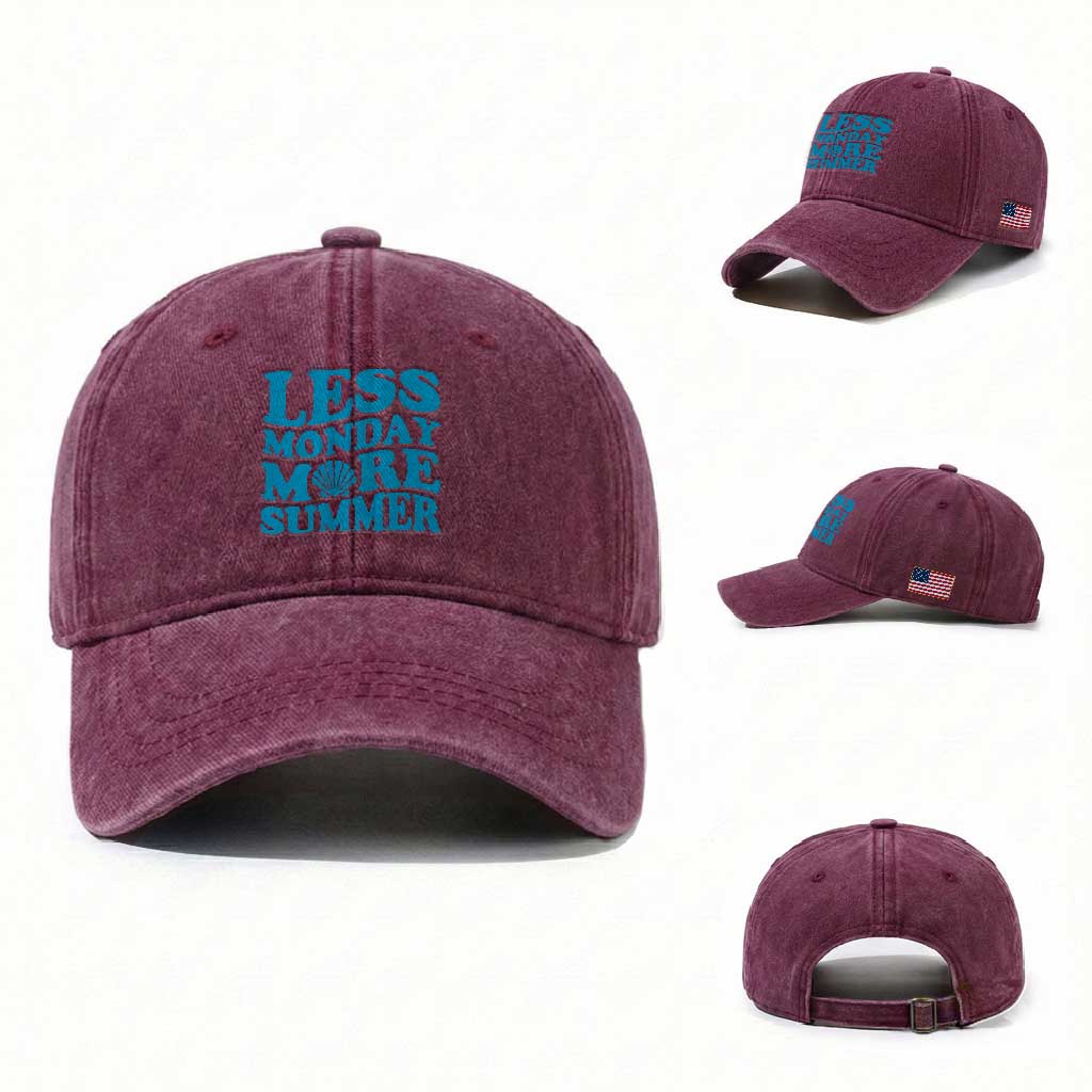Less Monday More Summer Washed Cotton Baseball Cap Retro Beach Seashell Graphic