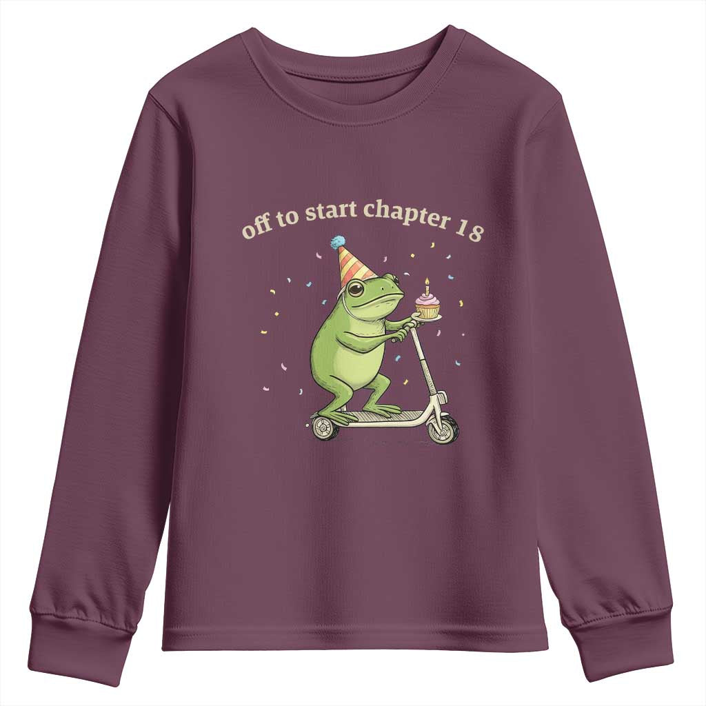 Off To Start Chapter 18 Youth Sweatshirt Funny Frog Scooter 18th Birthday Gift