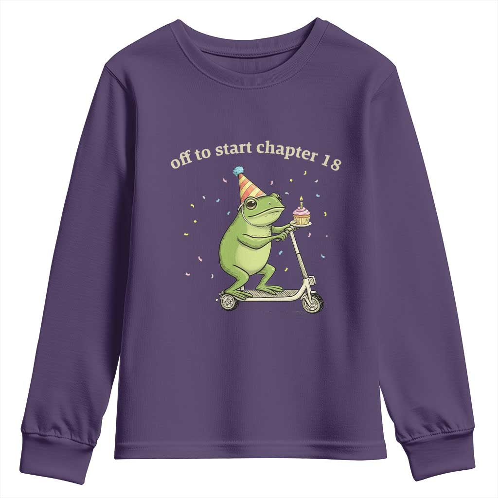 Off To Start Chapter 18 Youth Sweatshirt Funny Frog Scooter 18th Birthday Gift