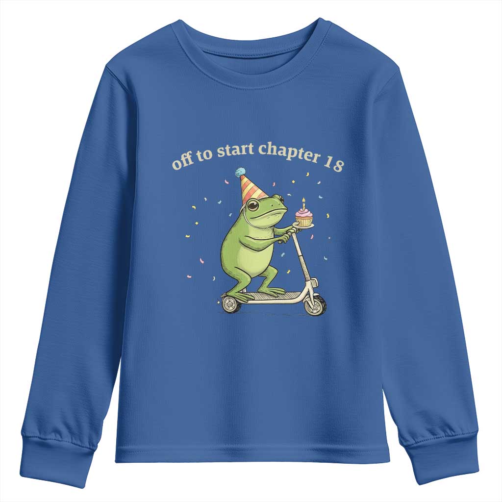 Off To Start Chapter 18 Youth Sweatshirt Funny Frog Scooter 18th Birthday Gift