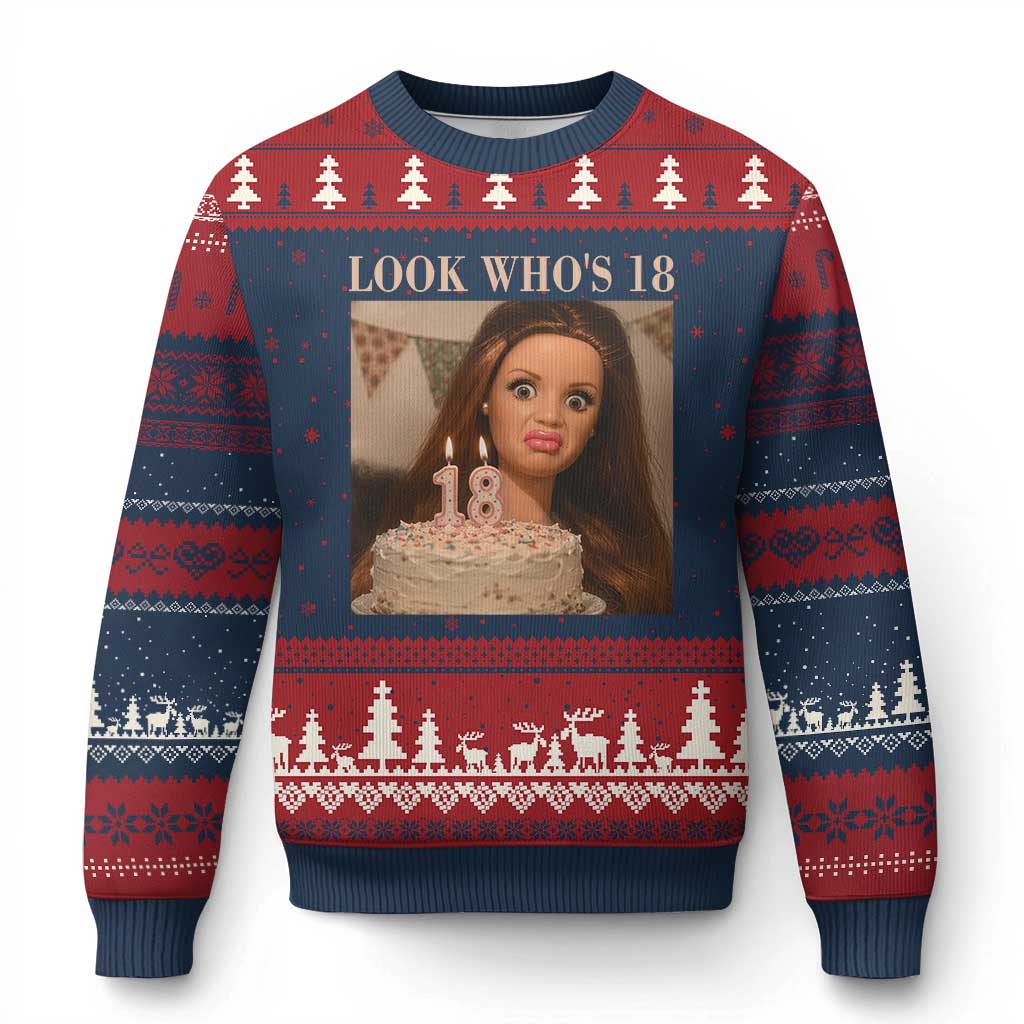 Look Who's 18 Ugly Christmas Sweater Funny Birthday Doll Face Meme
