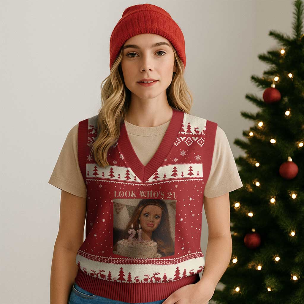 Look Who's 21 V-Neck Knit Sweater Vest Funny Birthday Doll Face Meme