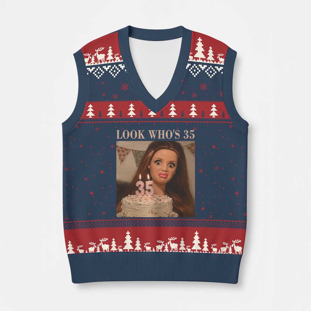 Look Who's 35 V-Neck Knit Sweater Vest Funny Birthday Doll Face Meme