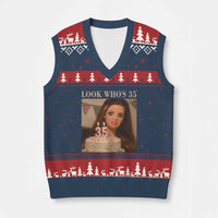 Look Who's 35 V-Neck Knit Sweater Vest Funny Birthday Doll Face Meme