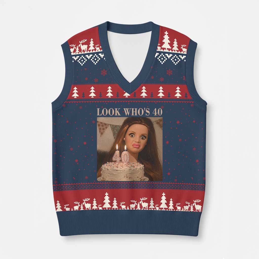 Look Who's 40 V-Neck Knit Sweater Vest Funny Birthday Doll Face Meme