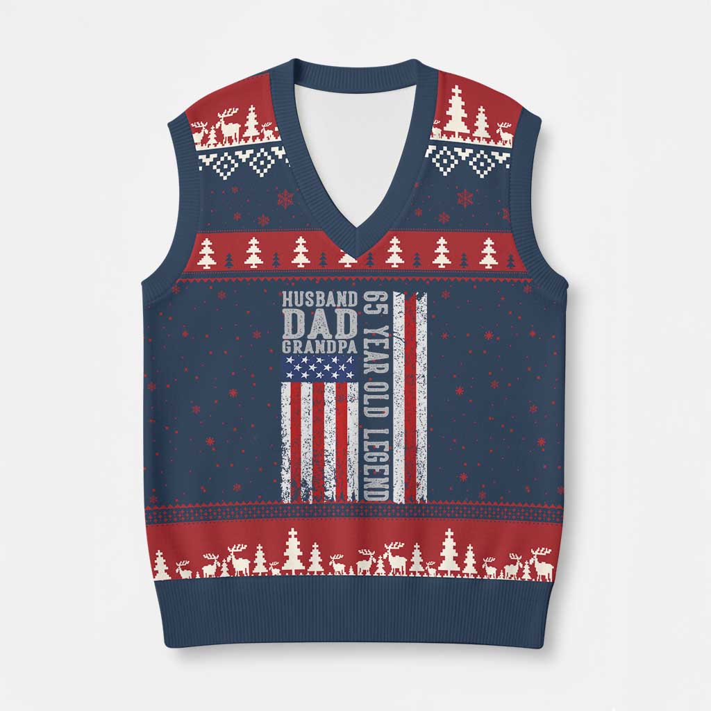 Husband Dad Grandpa 65 Year Old Legend V-Neck Knit Sweater Vest American Flag Birthday Gift