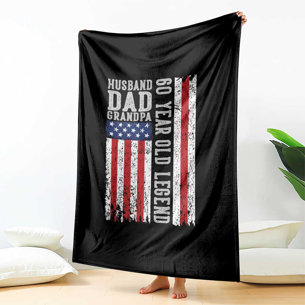 Husband Dad Grandpa 60 Year Old Legend Throw Blanket American Flag Birthday Gift