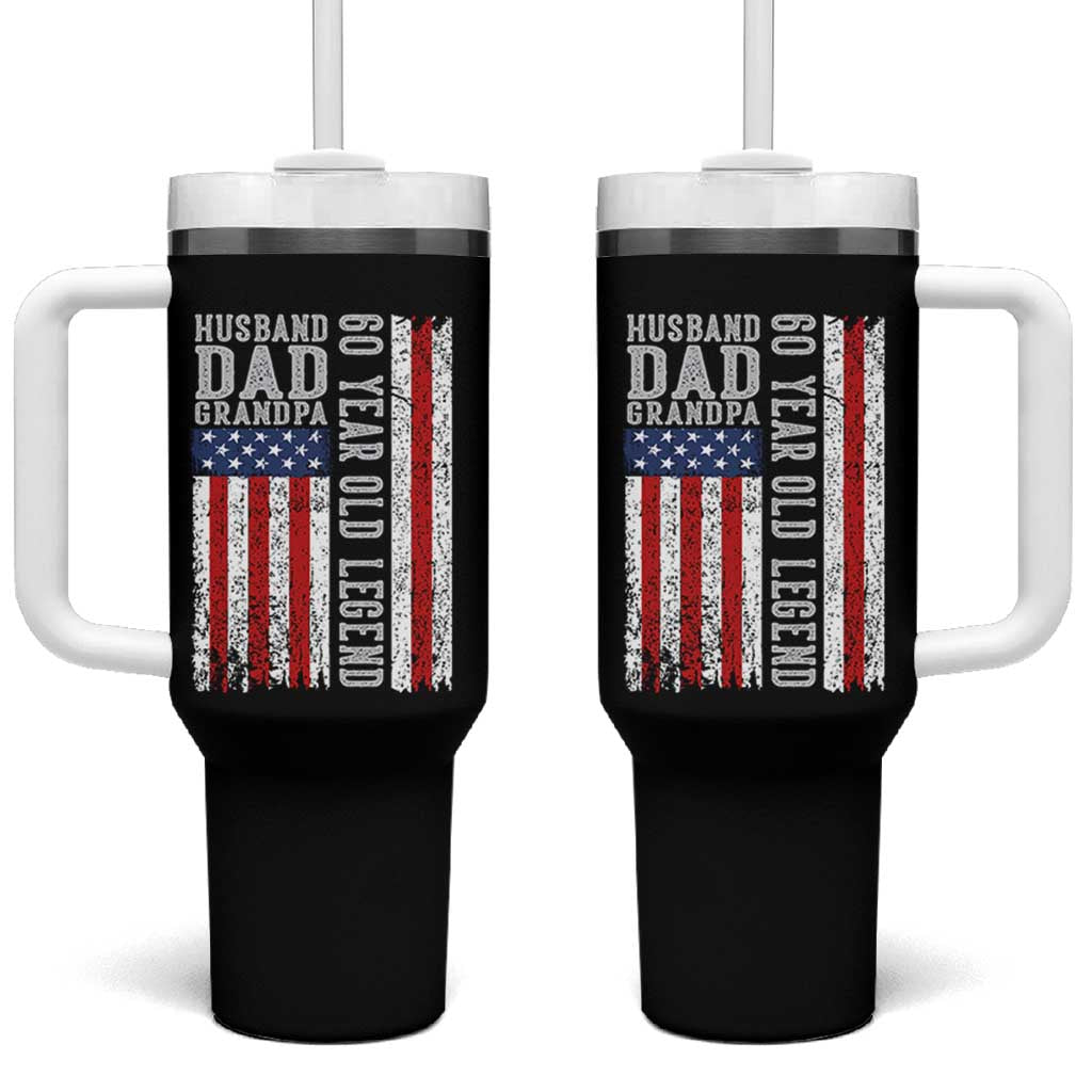Husband Dad Grandpa 60 Year Old Legend Tumbler With Handle American Flag Birthday Gift