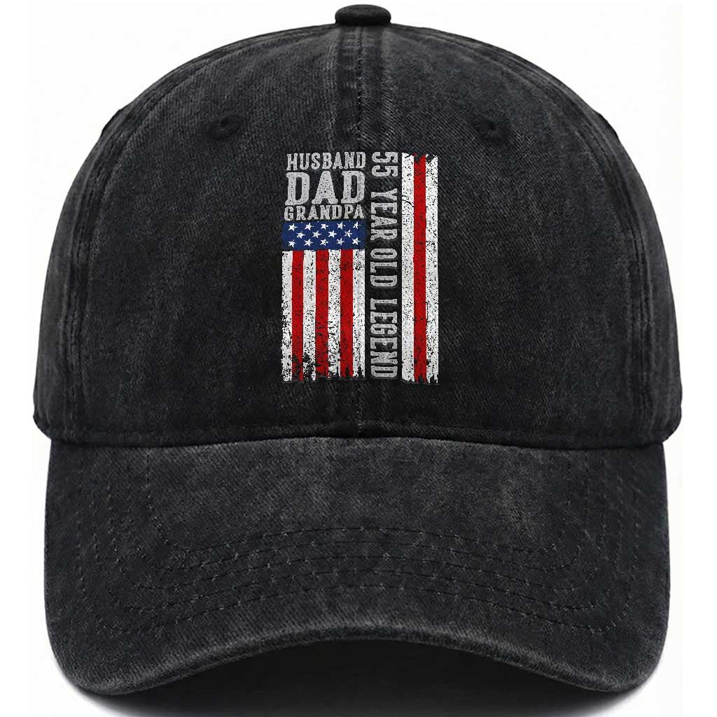 Husband Dad Grandpa 55 Year Old Legend Washed Cotton Baseball Cap American Flag Birthday Gift