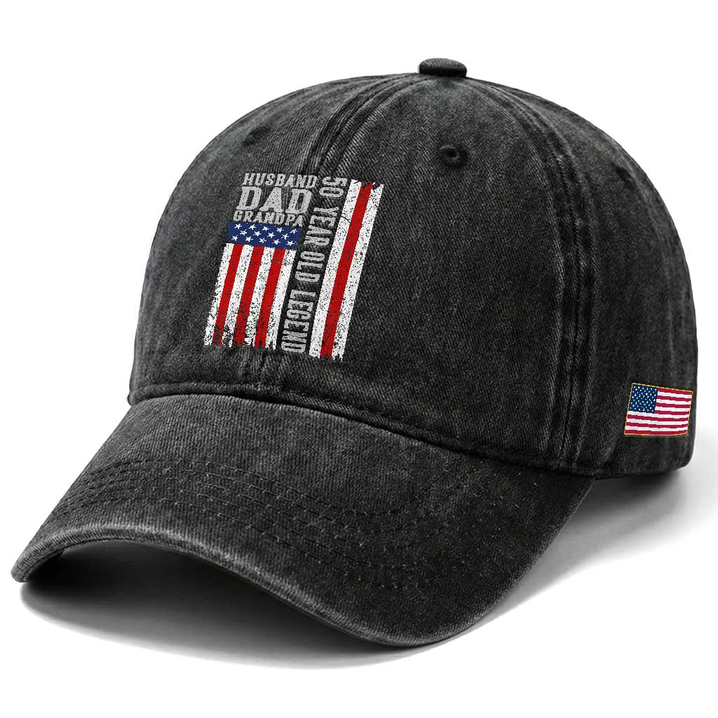 Husband Dad Grandpa 50 Year Old Legend Washed Cotton Baseball Cap American Flag Birthday Gift