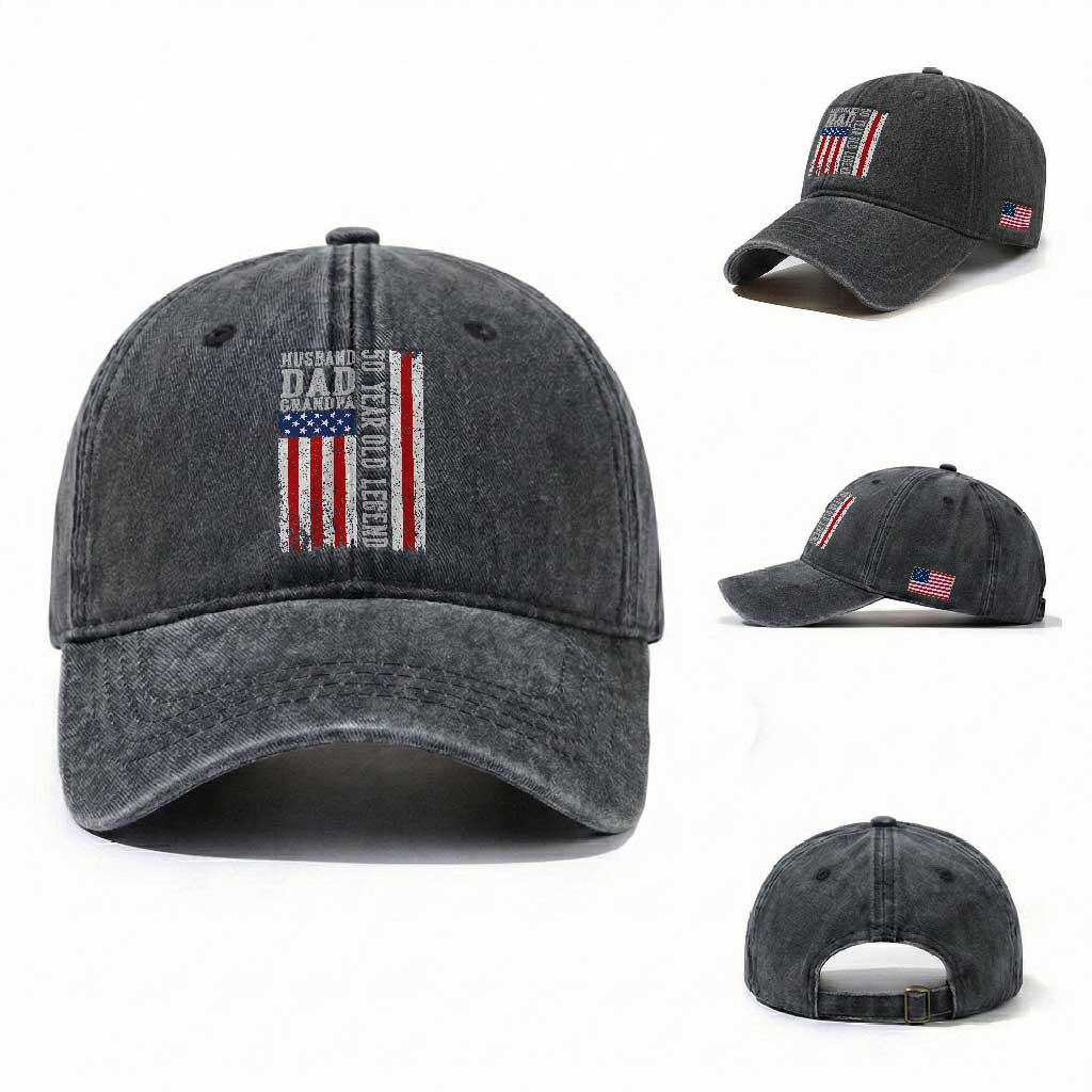 Husband Dad Grandpa 50 Year Old Legend Washed Cotton Baseball Cap American Flag Birthday Gift