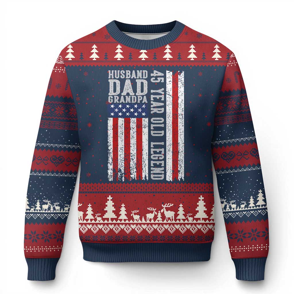 Husband Dad Grandpa 45 Year Old Legend Ugly Christmas Sweater American Flag Birthday Gift