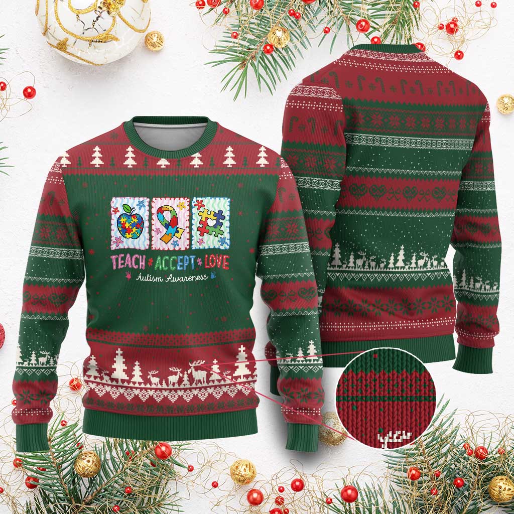 Autism Acceptance Support Ugly Christmas Sweater Teach Accept Love