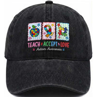 Autism Acceptance Support Washed Cotton Baseball Cap Teach Accept Love