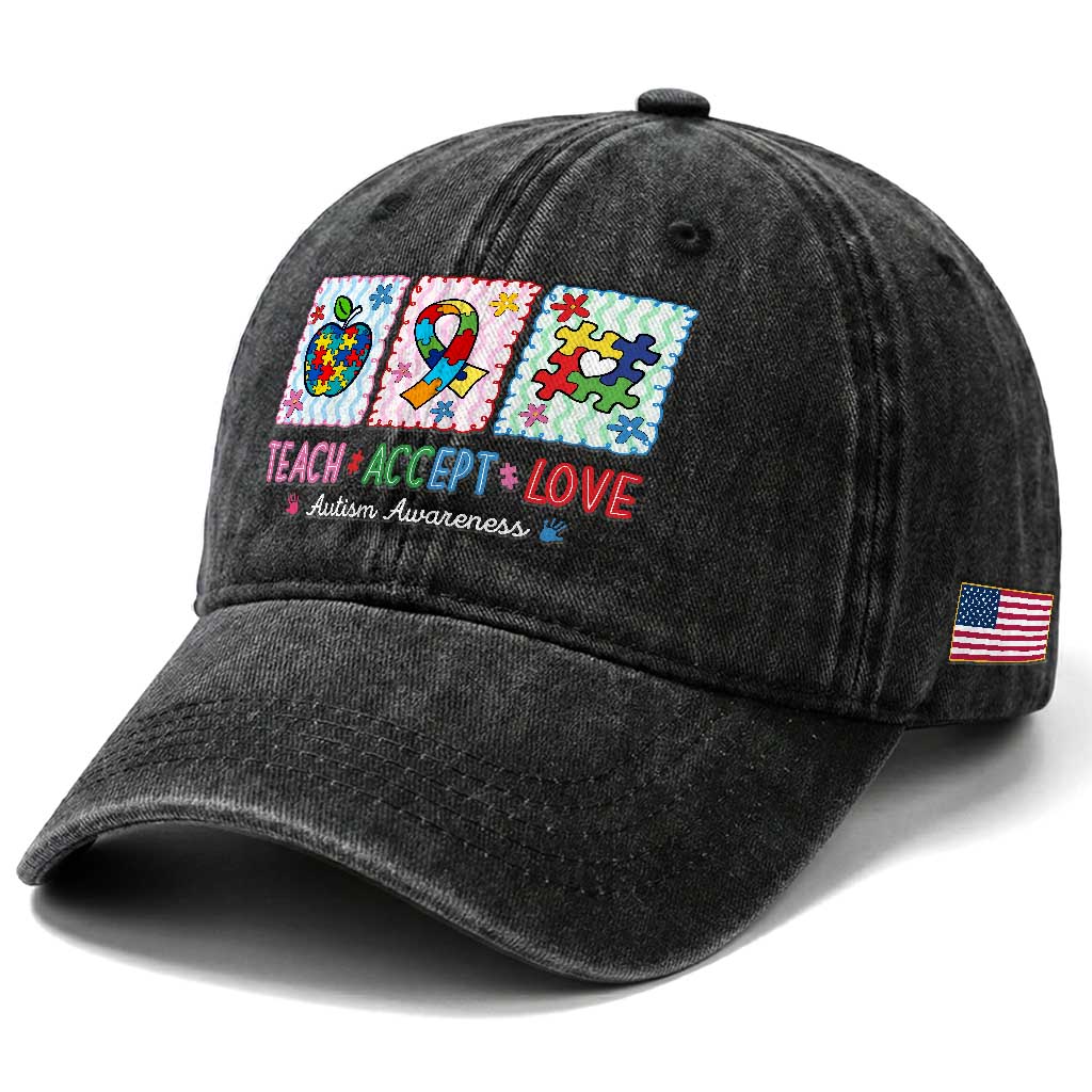 Autism Acceptance Support Washed Cotton Baseball Cap Teach Accept Love