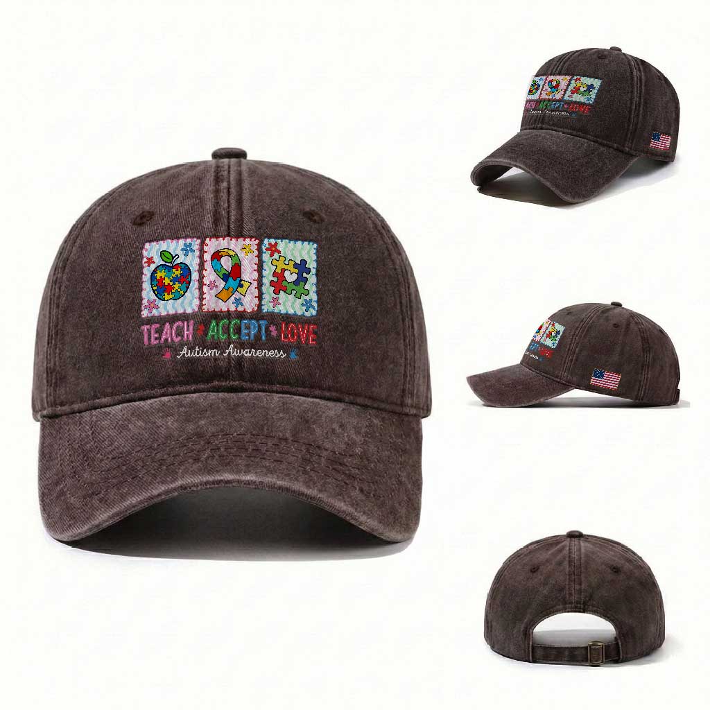Autism Acceptance Support Washed Cotton Baseball Cap Teach Accept Love