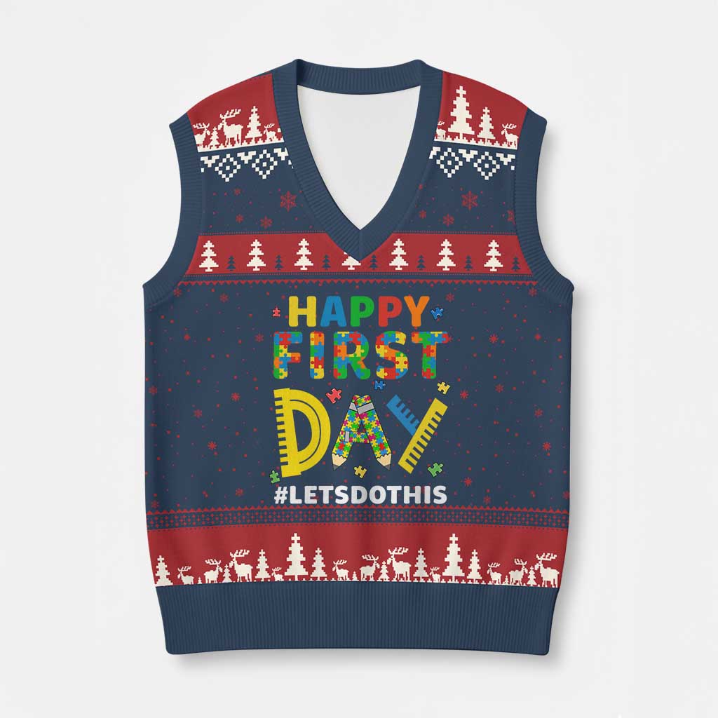 Autism Acceptance Back To School Educator V-Neck Knit Sweater Vest Happy First Day