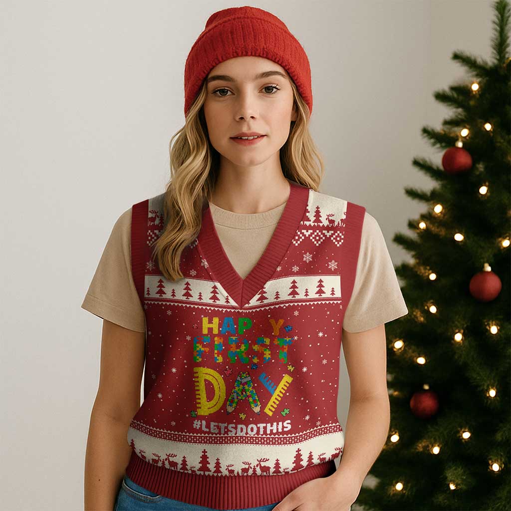Autism Acceptance Back To School Educator V-Neck Knit Sweater Vest Happy First Day