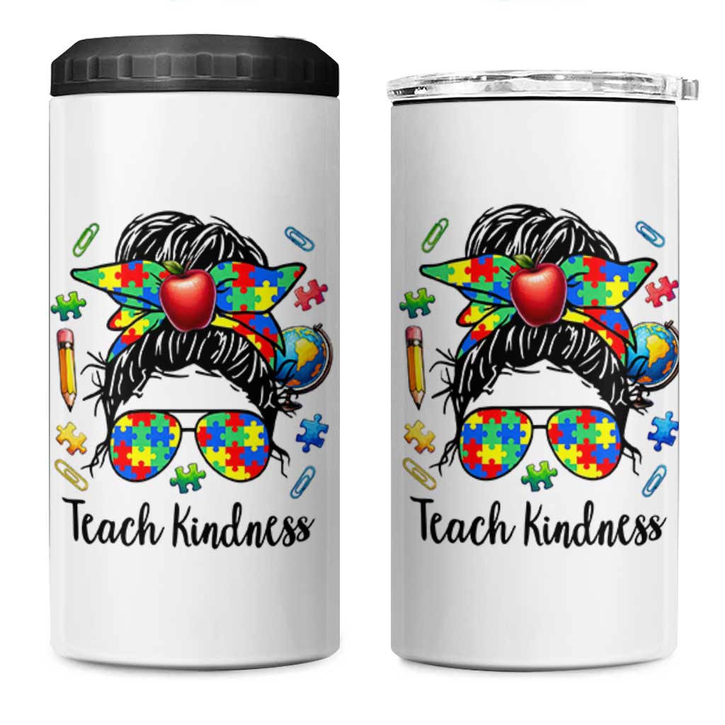 Sped Educator Autism Support 4 in 1 Can Cooler Tumbler Teach Kindness Messy Bun