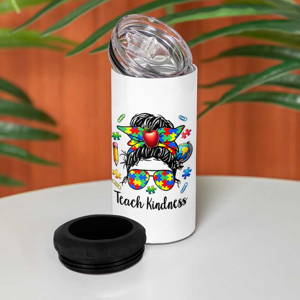 Sped Educator Autism Support 4 in 1 Can Cooler Tumbler Teach Kindness Messy Bun