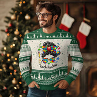 Sped Educator Autism Support Ugly Christmas Sweater Teach Kindness Messy Bun