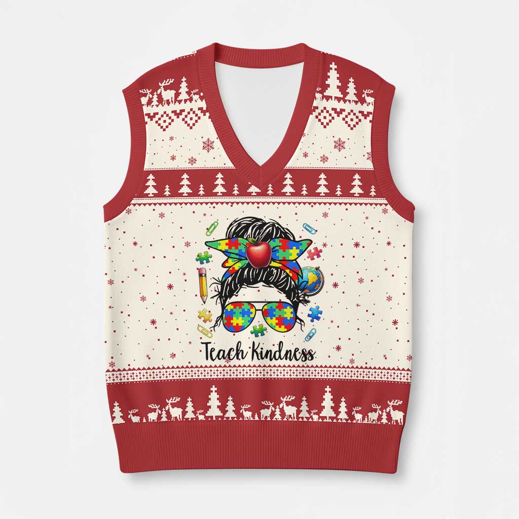 Sped Educator Autism Support V-Neck Knit Sweater Vest Teach Kindness Messy Bun