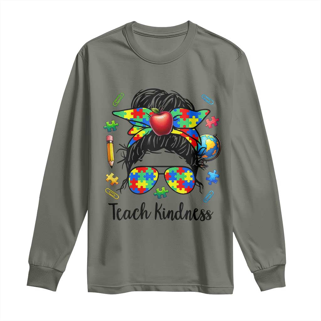 Sped Educator Autism Support Long Sleeve Shirt Teach Kindness Messy Bun