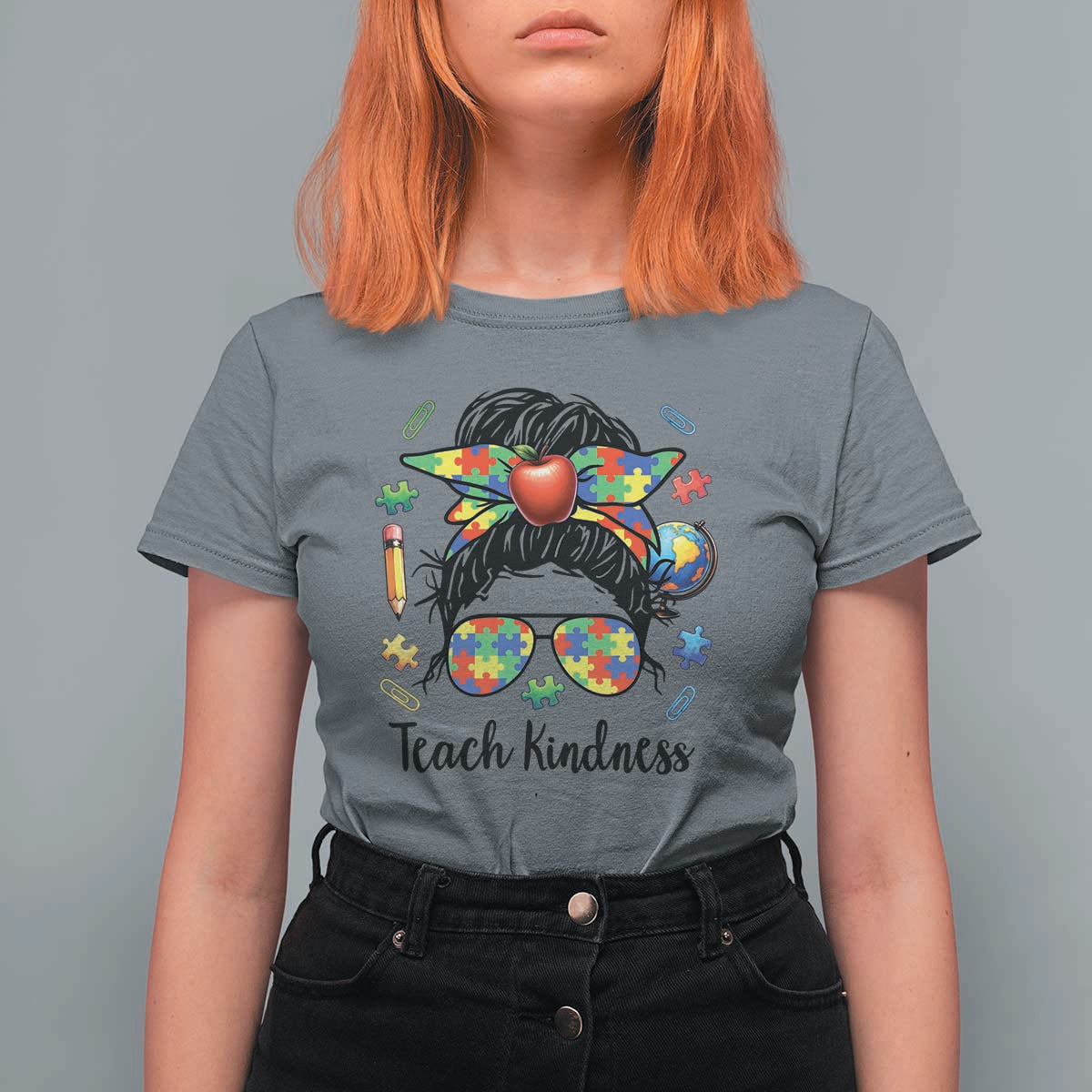 Sped Educator Autism Support T Shirt For Women Teach Kindness Messy Bun