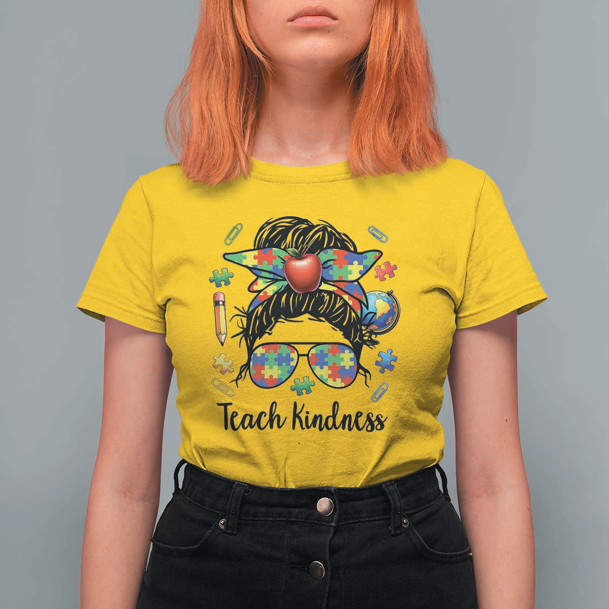Sped Educator Autism Support T Shirt For Women Teach Kindness Messy Bun