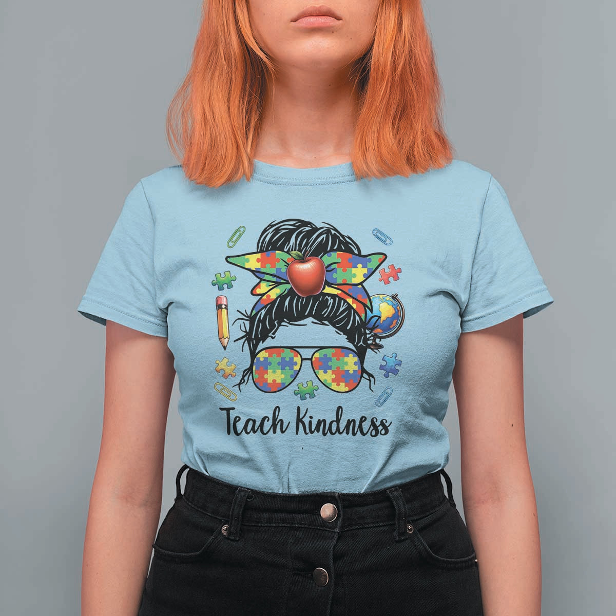 Sped Educator Autism Support T Shirt For Women Teach Kindness Messy Bun