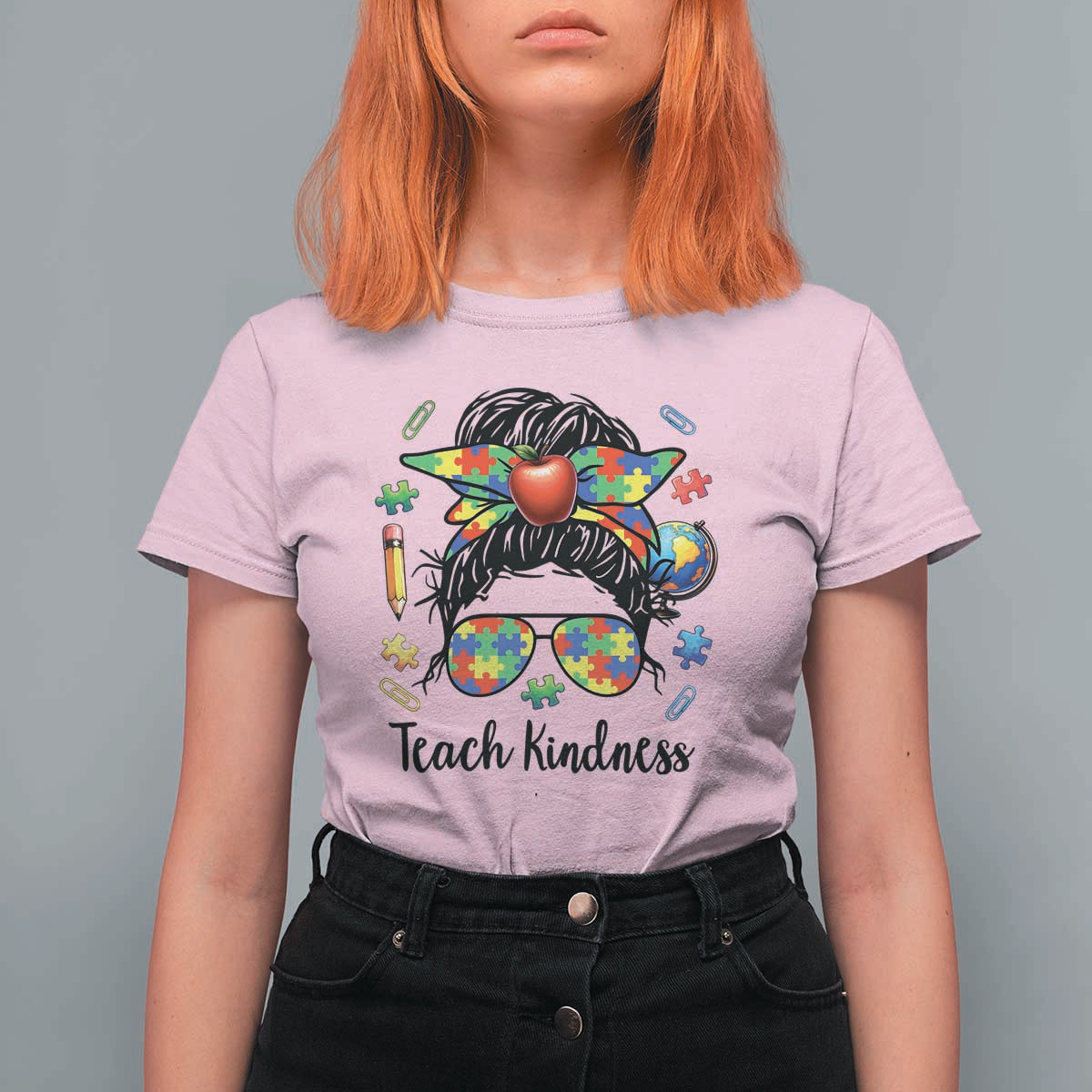 Sped Educator Autism Support T Shirt For Women Teach Kindness Messy Bun