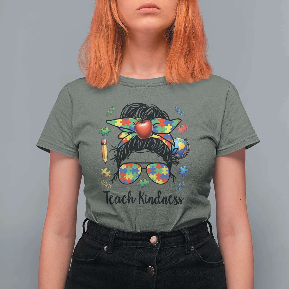Sped Educator Autism Support T Shirt For Women Teach Kindness Messy Bun