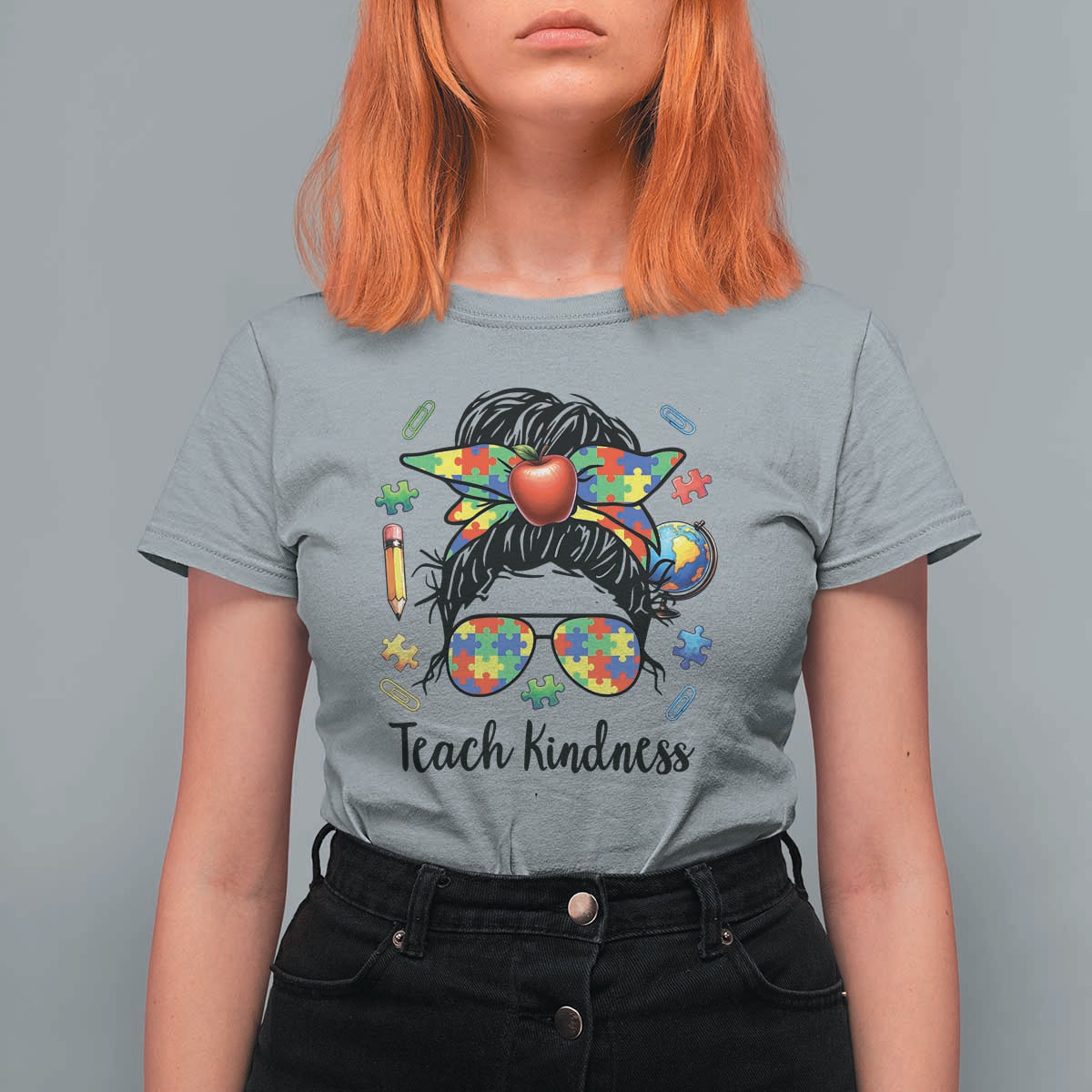Sped Educator Autism Support T Shirt For Women Teach Kindness Messy Bun