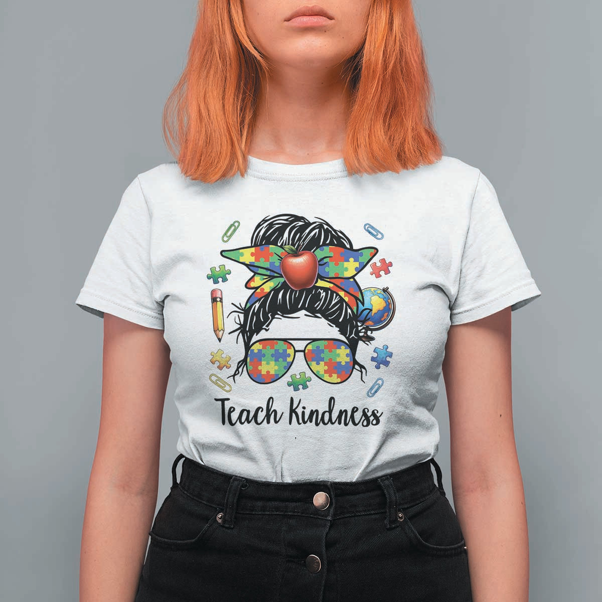 Sped Educator Autism Support T Shirt For Women Teach Kindness Messy Bun
